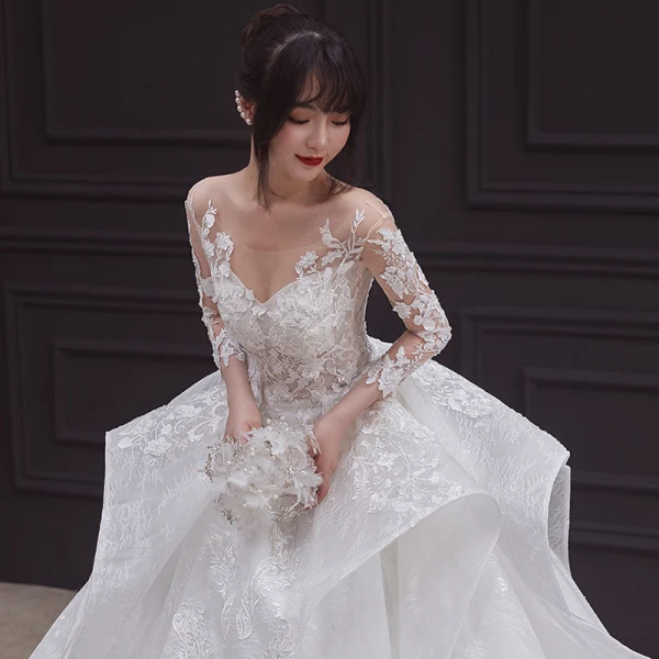 Illusion White See-through Bridal Wedding Dresses 2020 Ball Gown Scoop Neck 3/4 Sleeve Backless Beading Appliques Lace Cathedral Train Ruffle