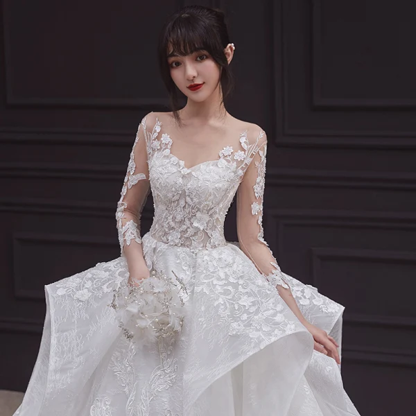 Illusion White See-through Bridal Wedding Dresses 2020 Ball Gown Scoop Neck 3/4 Sleeve Backless Beading Appliques Lace Cathedral Train Ruffle
