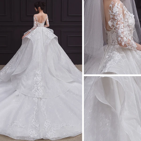 Illusion White See-through Bridal Wedding Dresses 2020 Ball Gown Scoop Neck 3/4 Sleeve Backless Beading Appliques Lace Cathedral Train Ruffle