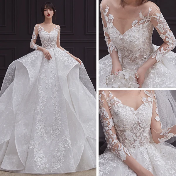 Illusion White See-through Bridal Wedding Dresses 2020 Ball Gown Scoop Neck 3/4 Sleeve Backless Beading Appliques Lace Cathedral Train Ruffle