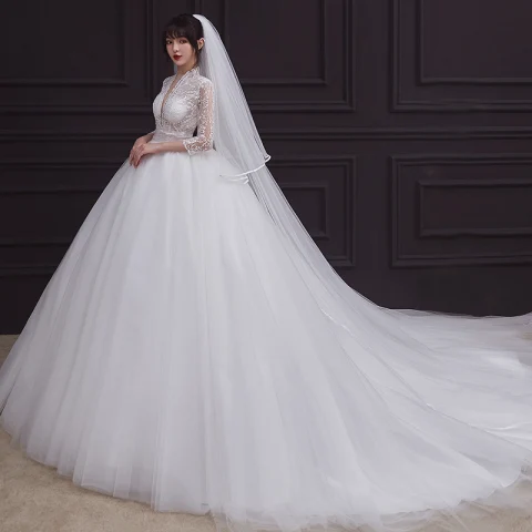 Vintage Blanco Boda Vestidos De Novia 2020 Empire Transparentes V-cuello Profundo 3/4 Ærmer Apliques Con Encaje Rebordear Ruffle Colas De La Corte