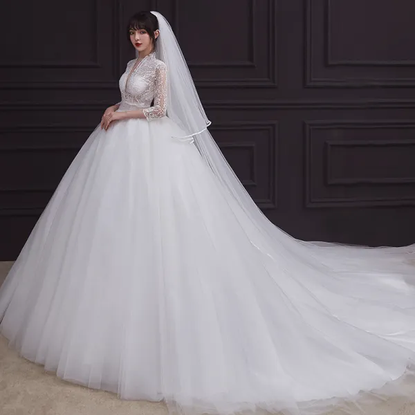 Vintage / Retro White Bridal Wedding Dresses 2020 Empire See-through Deep V-Neck 3/4 Sleeve Appliques Lace Beading Ruffle Court Train