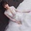 Vintage / Originale Blanche La Mariée Robe De Mariée 2020 Empire Transparentes Col v profond 3/4 Manches Appliques En Dentelle Perlage Volants Tribunal Train