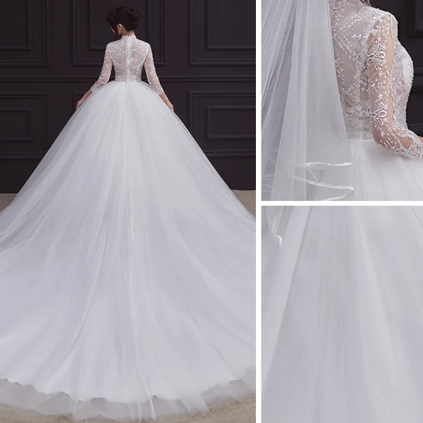 Vintage / Originale Blanche La Mariée Robe De Mariée 2020 Empire Transparentes Col v profond 3/4 Manches Appliques En Dentelle Perlage Volants Tribunal Train