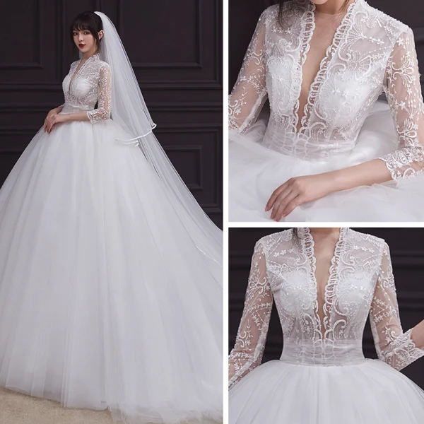 Vintage / Originale Blanche La Mariée Robe De Mariée 2020 Empire Transparentes Col v profond 3/4 Manches Appliques En Dentelle Perlage Volants Tribunal Train