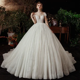 High End Ivory Bridal Wedding Dresses 2020 Ball Gown See Through Scoop Neck Short Sleeve Backless Appliques Lace Beading Pearl Cathedral Train