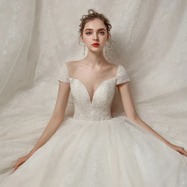 High-end Ivory Bridal Wedding Dresses 2020 Ball Gown See-through Scoop Neck Short Sleeve Backless Appliques Lace Beading Pearl Cathedral Train