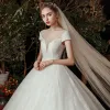 High-end Ivory Bridal Wedding Dresses 2020 Ball Gown See-through Scoop Neck Short Sleeve Backless Appliques Lace Beading Pearl Cathedral Train