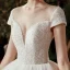 High-end Ivory Bridal Wedding Dresses 2020 Ball Gown See-through Scoop Neck Short Sleeve Backless Appliques Lace Beading Pearl Cathedral Train