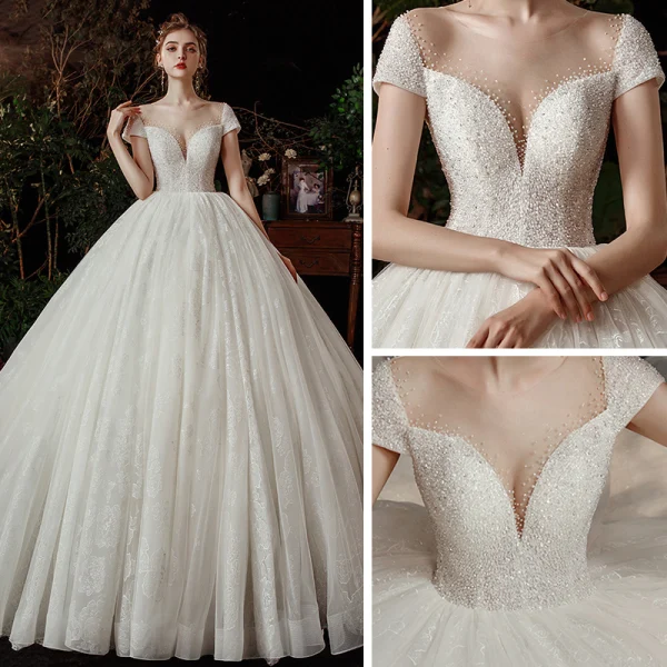 High-end Ivory Bridal Wedding Dresses 2020 Ball Gown See-through Scoop Neck Short Sleeve Backless Appliques Lace Beading Pearl Cathedral Train