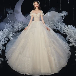 Elegant Champagne Corset Wedding Dresses 2020 Ball Gown Off The Shoulder Short Sleeve Backless Rhinestone Glitter Tulle Cathedral Train Ruffle