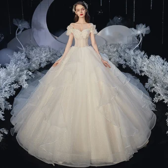 Elegant Champagne Corset Wedding Dresses 2020 Ball Gown Off The Shoulder Short Sleeve Backless Rhinestone Glitter Tulle Cathedral Train Ruffle