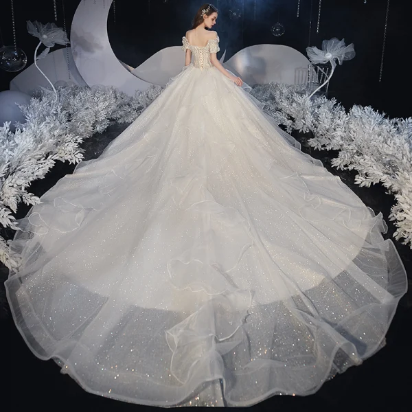 Elegant Champagne Corset Wedding Dresses 2020 Ball Gown Off-The-Shoulder Short Sleeve Backless Rhinestone Glitter Tulle Cathedral Train Ruffle