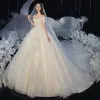 Elegant Champagne Corset Wedding Dresses 2020 Ball Gown Off-The-Shoulder Short Sleeve Backless Rhinestone Glitter Tulle Cathedral Train Ruffle