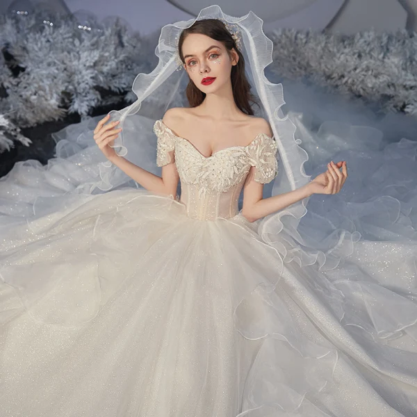Elegant Champagne Corset Wedding Dresses 2020 Ball Gown Off-The-Shoulder Short Sleeve Backless Rhinestone Glitter Tulle Cathedral Train Ruffle
