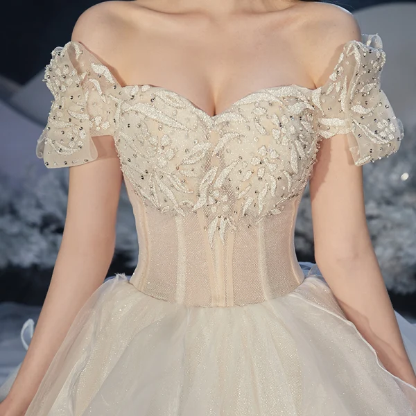 Elegant Champagne Corset Wedding Dresses 2020 Ball Gown Off-The-Shoulder Short Sleeve Backless Rhinestone Glitter Tulle Cathedral Train Ruffle