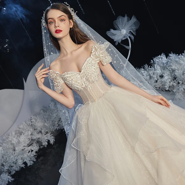 Elegant Champagne Corset Wedding Dresses 2020 Ball Gown Off-The-Shoulder Short Sleeve Backless Rhinestone Glitter Tulle Cathedral Train Ruffle