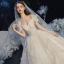 Elegant Champagne Corset Wedding Dresses 2020 Ball Gown Off-The-Shoulder Short Sleeve Backless Rhinestone Glitter Tulle Cathedral Train Ruffle
