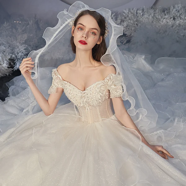 Elegant Champagne Corset Wedding Dresses 2020 Ball Gown Off-The-Shoulder Short Sleeve Backless Rhinestone Glitter Tulle Cathedral Train Ruffle