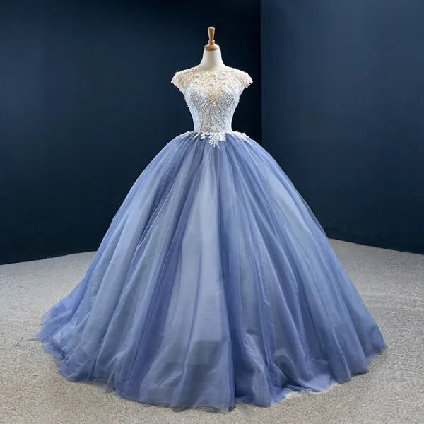 Luxury / Gorgeous Ocean Blue Prom Dresses 2020 Ball Gown Scoop Neck Sleeveless Handmade  Beading Sweep Train Ruffle Backless Formal Dresses