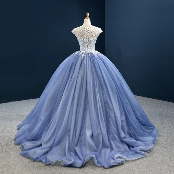 Luxury / Gorgeous Ocean Blue Prom Dresses 2020 Ball Gown Scoop Neck Sleeveless Handmade Beading Sweep Train Ruffle Backless Formal Dresses