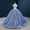 Luxury / Gorgeous Ocean Blue Prom Dresses 2020 Ball Gown Scoop Neck Sleeveless Handmade  Beading Sweep Train Ruffle Backless Formal Dresses