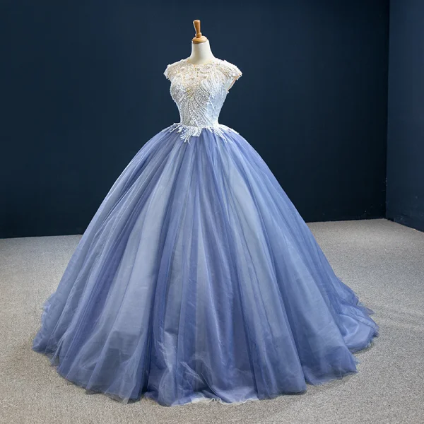 Luxury / Gorgeous Ocean Blue Prom Dresses 2020 Ball Gown Scoop Neck Sleeveless Handmade Beading Sweep Train Ruffle Backless Formal Dresses