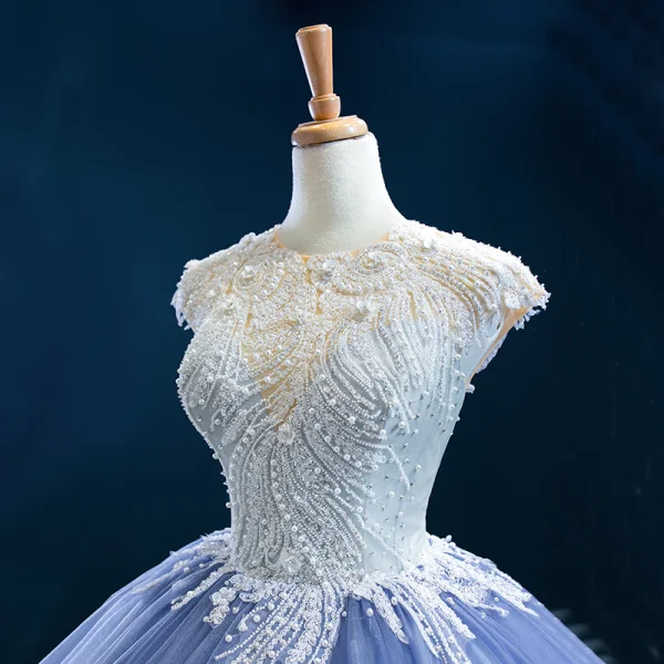 Luxury / Gorgeous Ocean Blue Prom Dresses 2020 Ball Gown Scoop Neck Sleeveless Handmade Beading Sweep Train Ruffle Backless Formal Dresses
