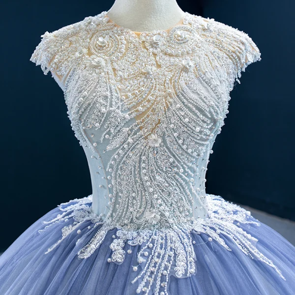 Luxury / Gorgeous Ocean Blue Prom Dresses 2020 Ball Gown Scoop Neck Sleeveless Handmade Beading Sweep Train Ruffle Backless Formal Dresses
