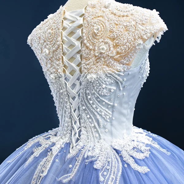 Luxury / Gorgeous Ocean Blue Prom Dresses 2020 Ball Gown Scoop Neck Sleeveless Handmade Beading Sweep Train Ruffle Backless Formal Dresses