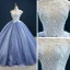 Luxury / Gorgeous Ocean Blue Prom Dresses 2020 Ball Gown Scoop Neck Sleeveless Handmade  Beading Sweep Train Ruffle Backless Formal Dresses