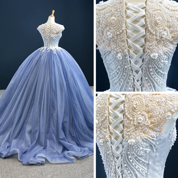 Luxury / Gorgeous Ocean Blue Prom Dresses 2020 Ball Gown Scoop Neck Sleeveless Handmade Beading Sweep Train Ruffle Backless Formal Dresses