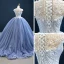 Luxury / Gorgeous Ocean Blue Prom Dresses 2020 Ball Gown Scoop Neck Sleeveless Handmade  Beading Sweep Train Ruffle Backless Formal Dresses