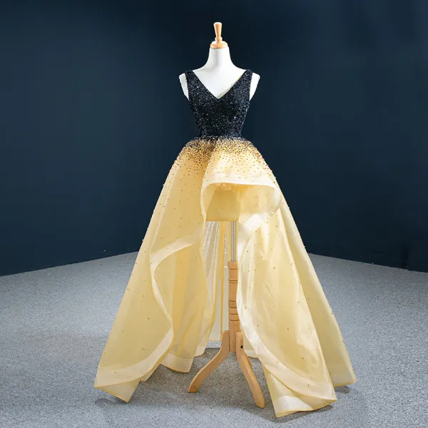 High Low Gold Prom Dresses 2020 A-Line / Princess V-Neck Sleeveless Handmade  Beading Asymmetrical Backless Ruffle Formal Dresses