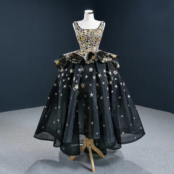 Vintage / Retro Quinceañera Black Prom Dresses 2020 Ball Gown Square Neckline Sleeveless Star Embroidered Sequins Asymmetrical Backless Ruffle Formal Dresses