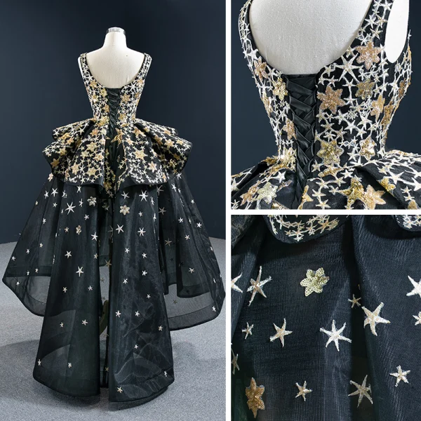 Vintage / Originale Quinceañera Noire Robe De Bal 2020 Robe Boule Encolure Carrée Sans Manches Étoile Brodé Paillettes Asymétrique Dos Nu Volants Robe De Ceremonie