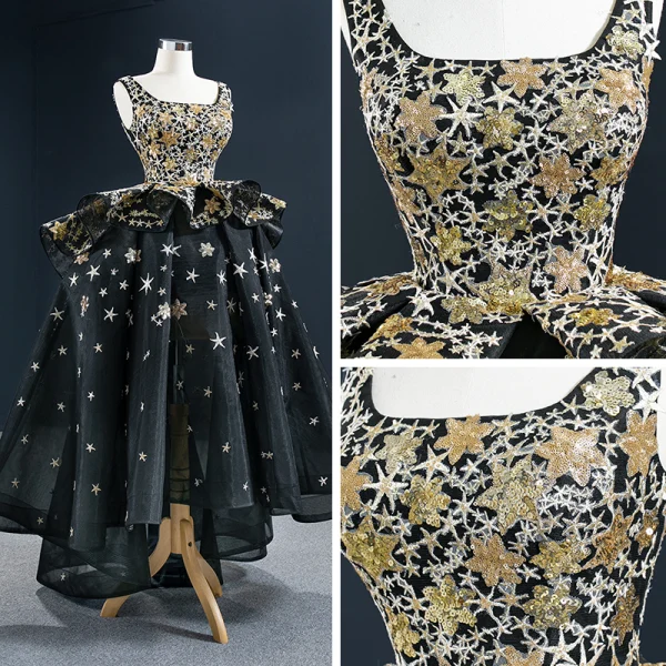 Vintage / Originale Quinceañera Noire Robe De Bal 2020 Robe Boule Encolure Carrée Sans Manches Étoile Brodé Paillettes Asymétrique Dos Nu Volants Robe De Ceremonie