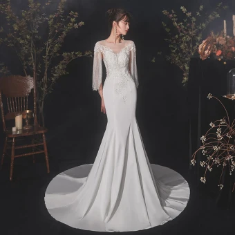 Chic Beautiful Ivory Satin See Through Wedding Dresses 2020 Trumpet Mermaid Scoop Neck Short Sleeve Beading Tassel Appliques Lace Court Train