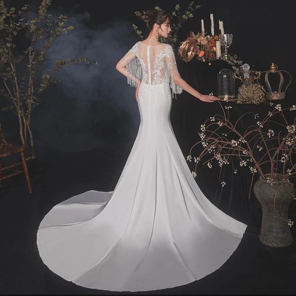 Chic / Belle Ivoire Satin Transparentes Robe De Mariée 2020 Trompette / Sirène Encolure Dégagée Manches Courtes Perlage Gland Appliques En Dentelle Tribunal Train