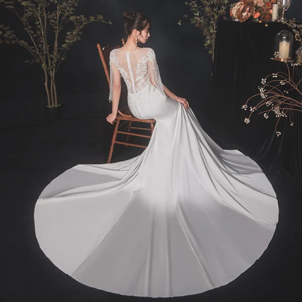 Chic / Belle Ivoire Satin Transparentes Robe De Mariée 2020 Trompette / Sirène Encolure Dégagée Manches Courtes Perlage Gland Appliques En Dentelle Tribunal Train