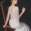 Chic / Belle Ivoire Satin Transparentes Robe De Mariée 2020 Trompette / Sirène Encolure Dégagée Manches Courtes Perlage Gland Appliques En Dentelle Tribunal Train