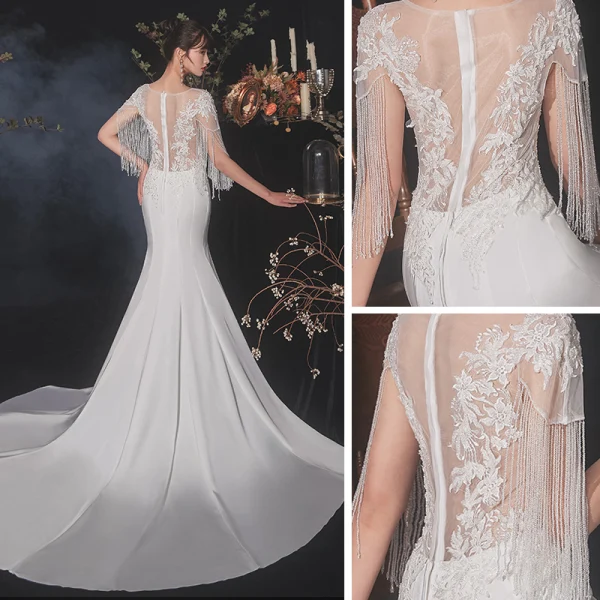 Chic / Belle Ivoire Satin Transparentes Robe De Mariée 2020 Trompette / Sirène Encolure Dégagée Manches Courtes Perlage Gland Appliques En Dentelle Tribunal Train