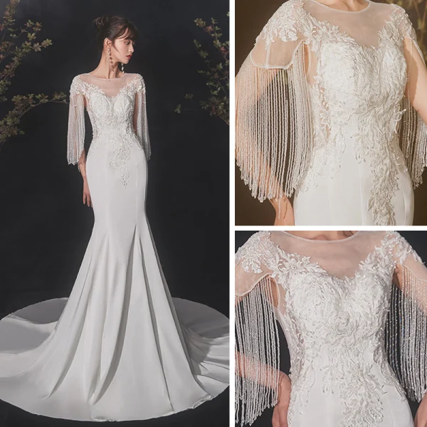 Chic / Belle Ivoire Satin Transparentes Robe De Mariée 2020 Trompette / Sirène Encolure Dégagée Manches Courtes Perlage Gland Appliques En Dentelle Tribunal Train