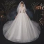 Vintage / Retro White Bridal Wedding Dresses 2020 Ball Gown V-Neck Long Sleeve Beading Glitter Tulle Sequins Cathedral Train Ruffle