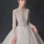 Vintage / Retro White Bridal Wedding Dresses 2020 Ball Gown V-Neck Long Sleeve Beading Glitter Tulle Sequins Cathedral Train Ruffle