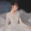 Vintage / Retro White Bridal Wedding Dresses 2020 Ball Gown V-Neck Long Sleeve Beading Glitter Tulle Sequins Cathedral Train Ruffle