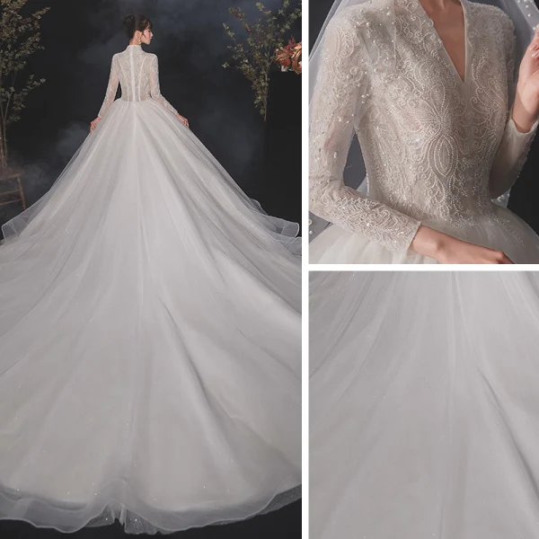 Vintage / Retro White Bridal Wedding Dresses 2020 Ball Gown V-Neck Long Sleeve Beading Glitter Tulle Sequins Cathedral Train Ruffle
