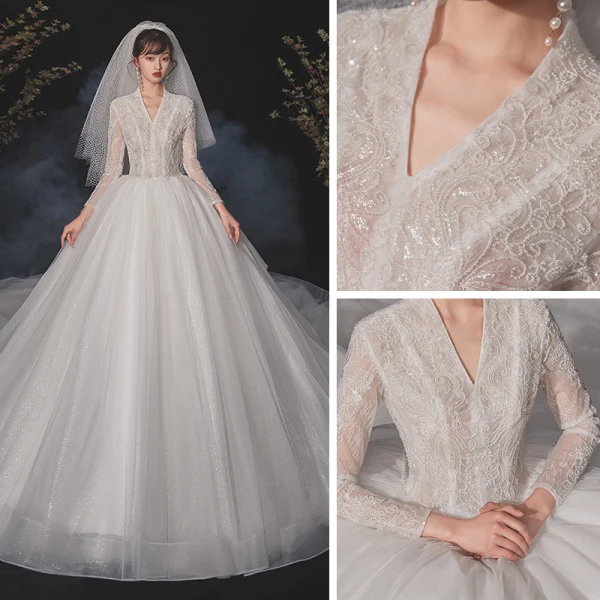 Vintage / Retro White Bridal Wedding Dresses 2020 Ball Gown V-Neck Long Sleeve Beading Glitter Tulle Sequins Cathedral Train Ruffle