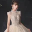 Vintage / Originale Champagne Transparentes La Mariée Robe De Mariée 2020 Robe Boule Col Haut Sans Manches Dos Nu Perlage Perle Glitter Tulle Paillettes Cathedral Train Volants