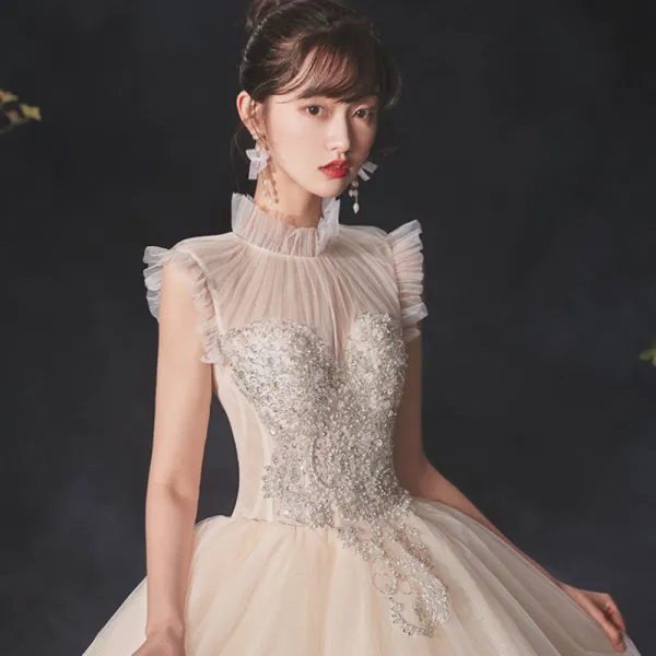 Vintage / Retro Champagne See-through Bridal Wedding Dresses 2020 Ball Gown High Neck Sleeveless Backless Beading Pearl Glitter Tulle Sequins Cathedral Train Ruffle